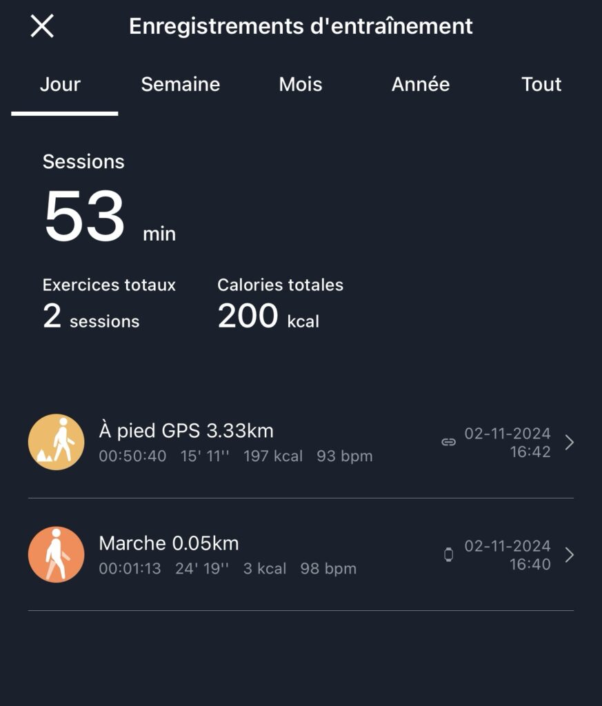 Illustration d’une session de sport : marche et de son analyse par l’application ABYX fit Touch  listing des résumés d’activité 